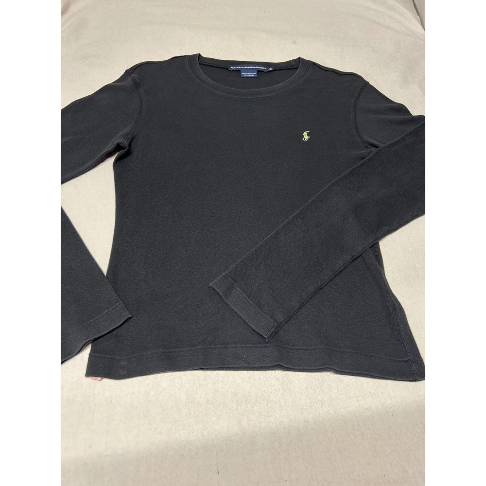 Ralph Lauren Sport Womens Black Cotton Ribbed Long Sleeve Pony Logo Tee M